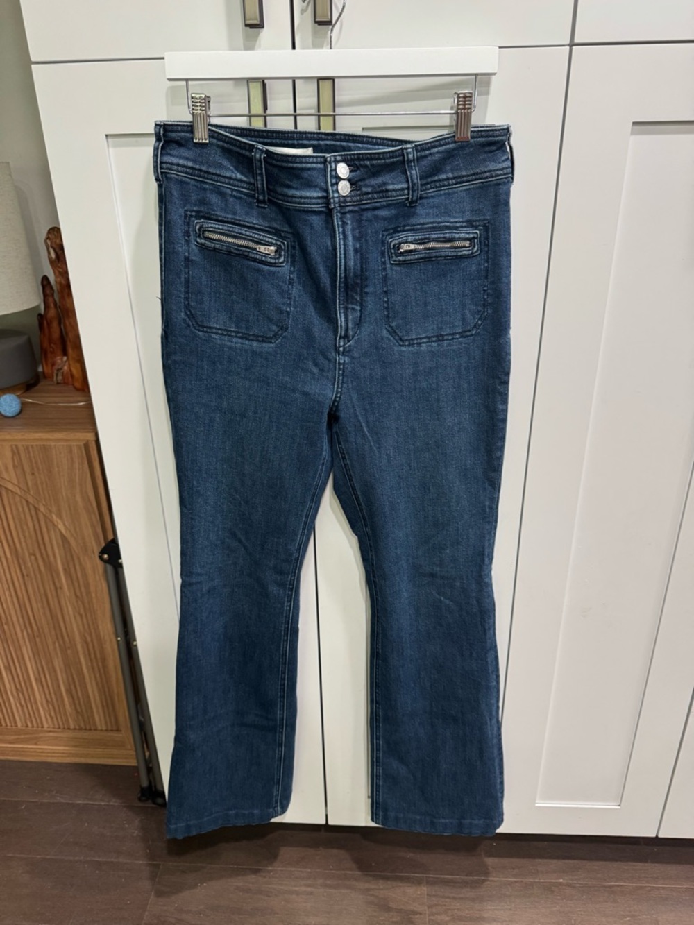Pilcro Dark Blue Flare Jeans with Front Zip Pockets